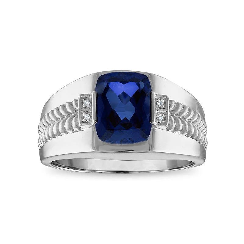 10X8MM Created Blue Sapphire and Diamond Ring in Sterling Silver