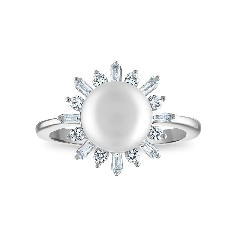 9MM Round Pearl and White Sapphire Fashion Ring in Rhodium Plated Sterling Silver