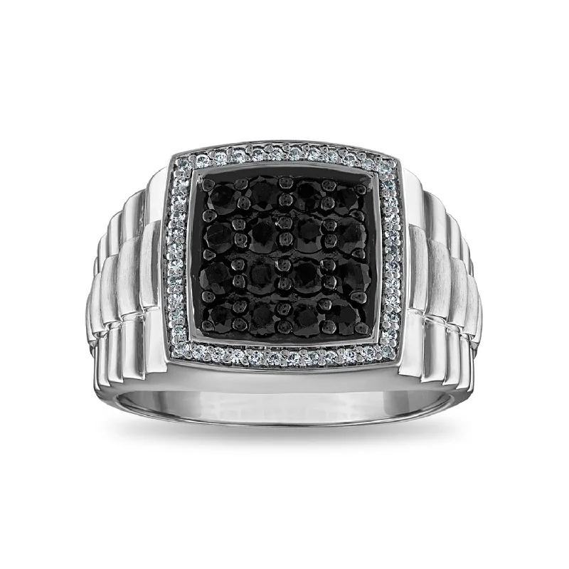 Black and White Sapphire Ring in Rhodium Plated Sterling Silver