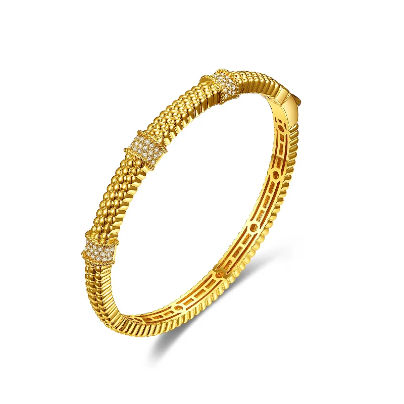 Rg 14k Gold Plated with Diamond Cubic Zirconia 3D Textured Bangle Bracelet