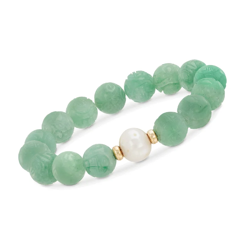 Ross-Simons 11-12mm Cultured Pearl and Carved Green Jade Chinese "Dragon" Bead Stretch Bracelet With 14kt Gold