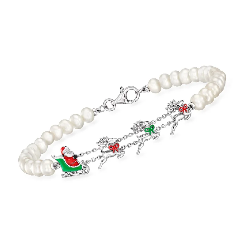 Ross-Simons 4-4.5mm Cultured Pearl and Multicolored Enamel Christmas Station Bracelet in Sterling Silver