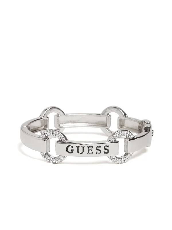 Silver-Tone Rhinestone Logo Bangle Bracelet