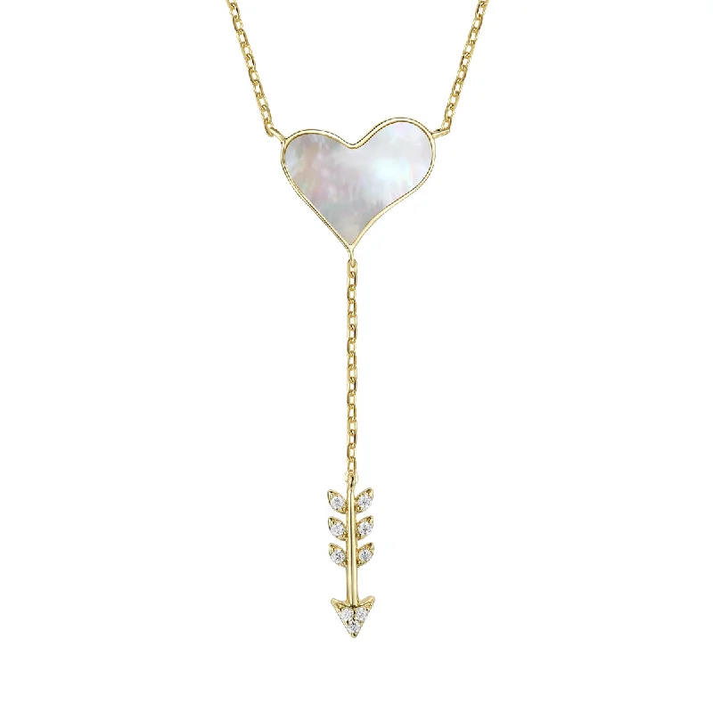 14k Gold Plated Sterling Silver With Diamond Cubic Zirconia & Mother Of Pearl Cupid’s Arrow Heart Y-necklace