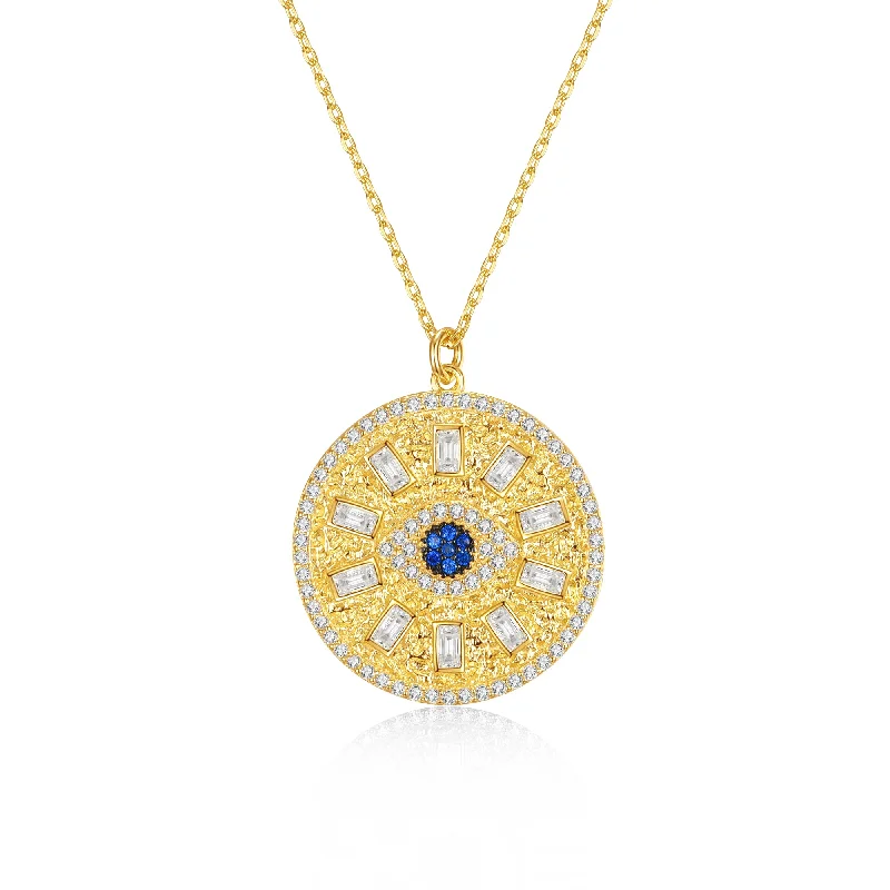 14k Gold Plated with Blue Sapphire & Diamond Cubic Zirconia Mandala Medallion Pendant Necklace