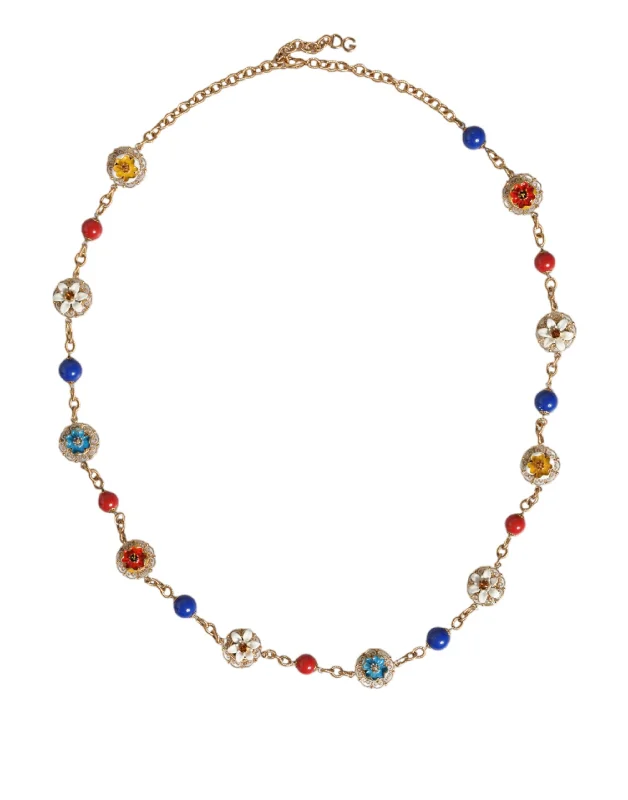 Dolce & Gabbana  Tone Brass Chain Floral Crystal Beaded Women's Necklace