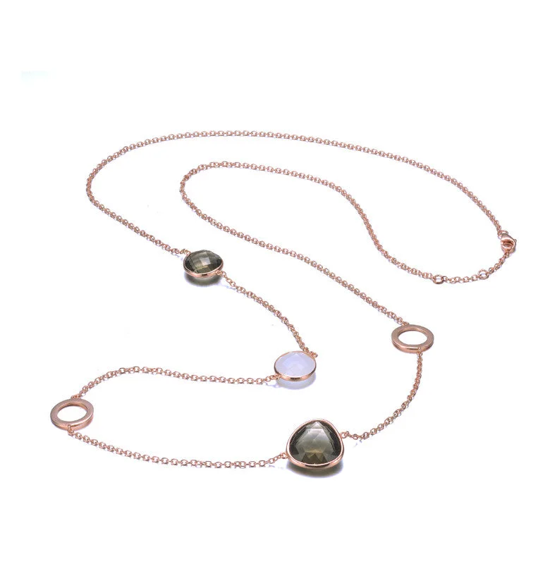 GENEVIVE Sterling Silver Rose Gold Plated Multi Colored Cubic Zirconia Station Necklace