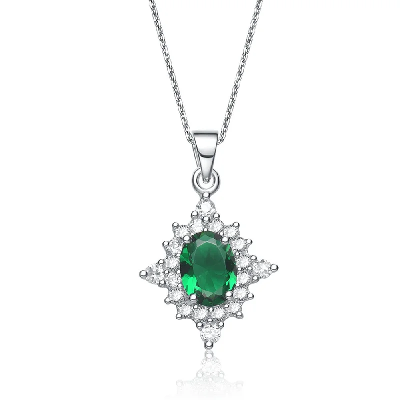 Gv C.z. Ss Rhodium Plated Diamond Shape Emerald Pendant