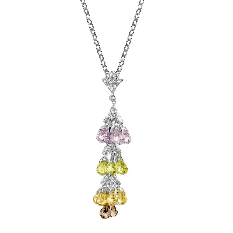 Gv Sterling Silver Cubic Zirconia Gold Plating Clear And Yellow Light Pink And Burnt Amber Cubic Zirconia Dangling Pendant Necklace