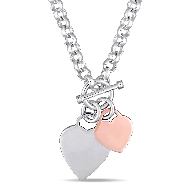 Mimi & Max Oval Link Necklace with Double Heart Charm and Toggle Clasp in 2-tone Rose and White Sterling Silver