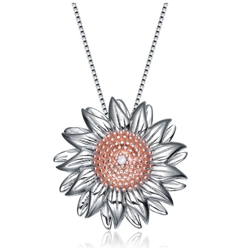 Rhodium Plated Cubic Zirconia Sunflower Shape Pendant