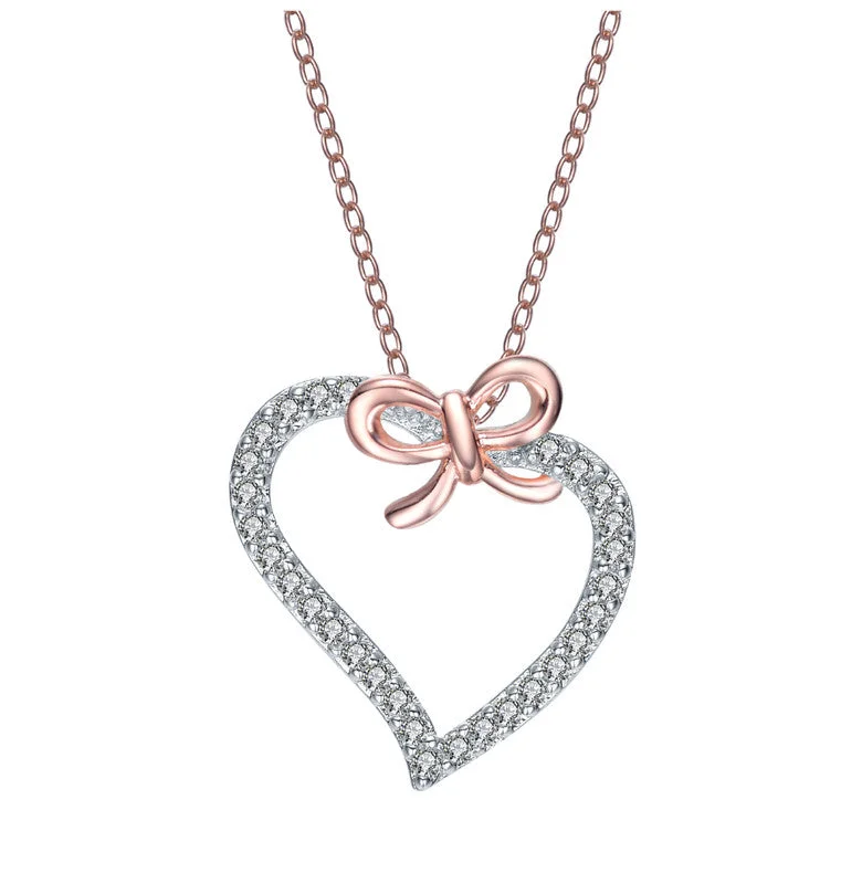 Rose-plated Sterling Silver Cubic Zirconia Heart And Bowtie Necklace