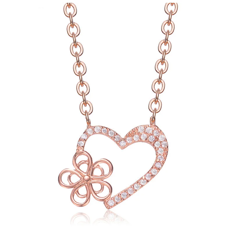 Rose-plated Sterling Silver Cubic Zirconia Heart And Flower Shape Necklace