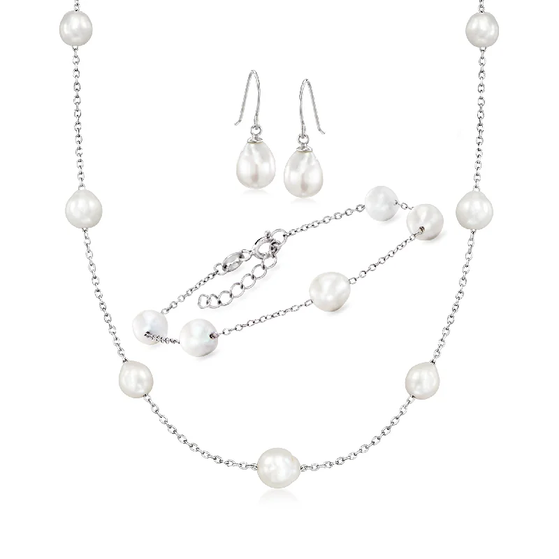 Ross-Simons 6-8mm Cultured Semi-Baroque Pearl Jewelry Set: Necklace, Bracelet and Drop Earrings in Sterling Silver