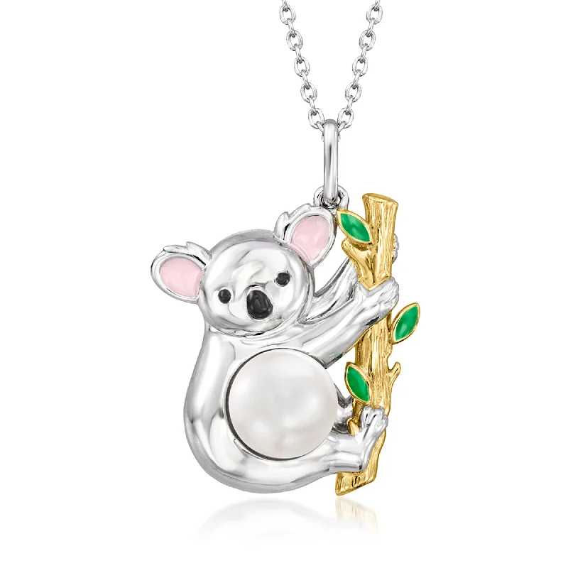 Ross-Simons 8-8.5mm Cultured Pearl Koala Pendant Necklace With Multicolored Enamel in 2-Tone Sterling Silver