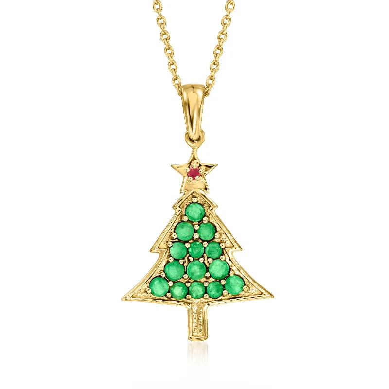 Ross-Simons Emerald Christmas Tree Pendant Necklace With Ruby Accent in 18kt Gold Over Sterling