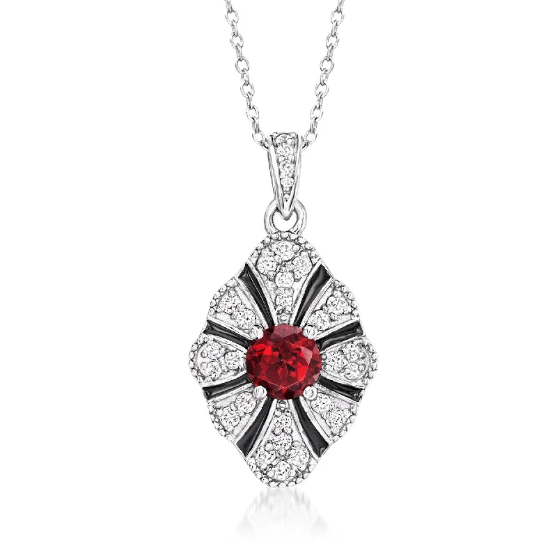 Ross-Simons Garnet and . White Zircon Vintage-Style Pendant Necklace With Black Enamel in Sterling Silver