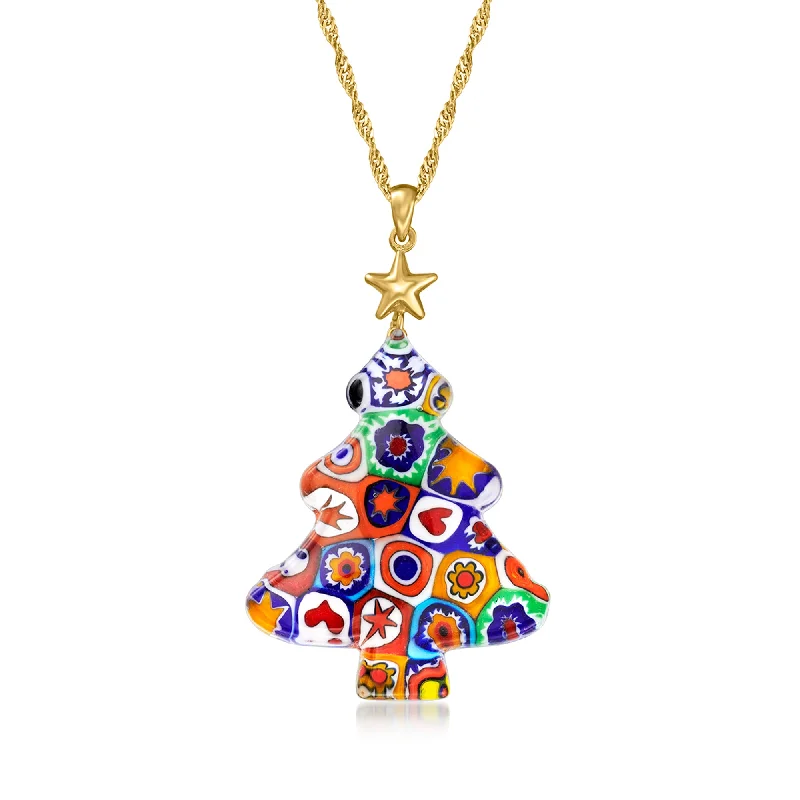 Ross-Simons Italian Multicolored Murano Millefiori Christmas Tree Pendant Necklace in 18kt Gold Over Sterling