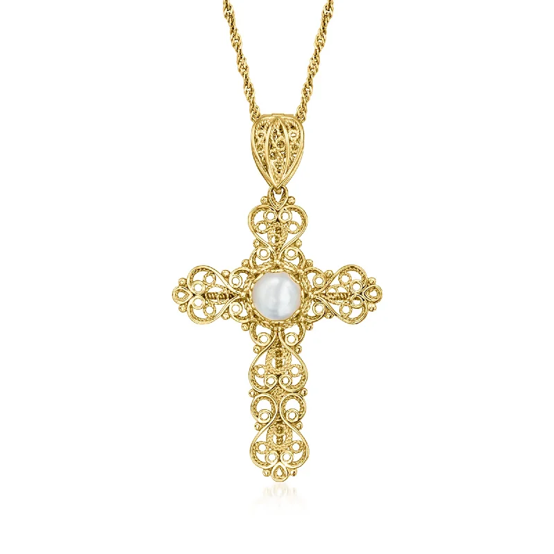 Ross-Simons Mother-Of-Pearl Filigree Cross Pendant Necklace in 18kt Gold Over Sterling