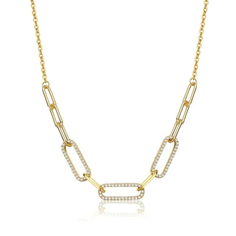 Sterling Silver 14k Yellow Gold Plated with Cubic Zirconia Elongated Cable Link Chain Necklace