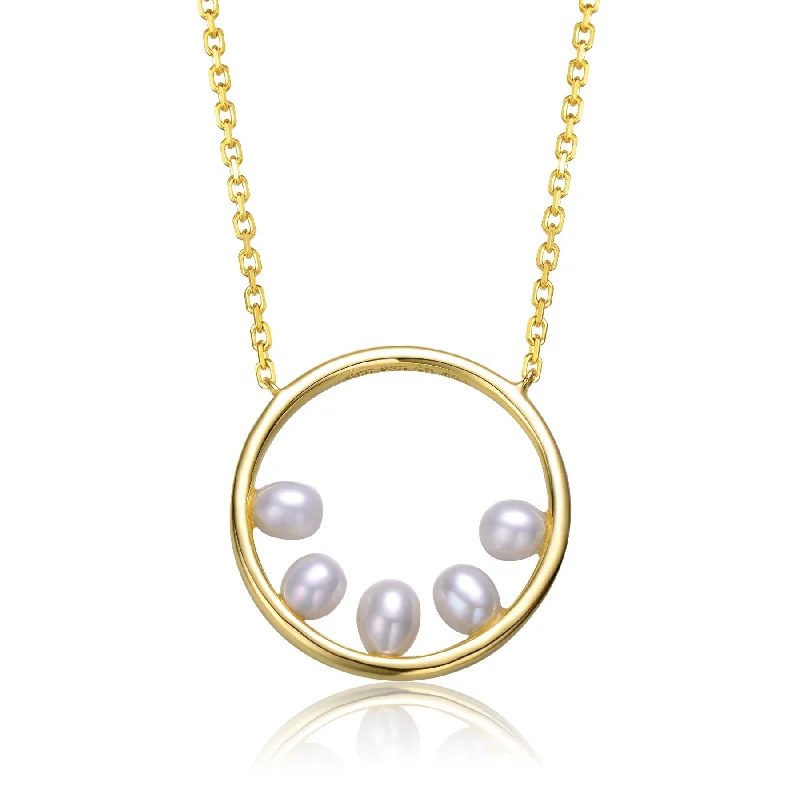 Sterling Silver 14k Yellow Gold Plated with White Pearl Halo Eternity Circle Pendant Layering Necklace