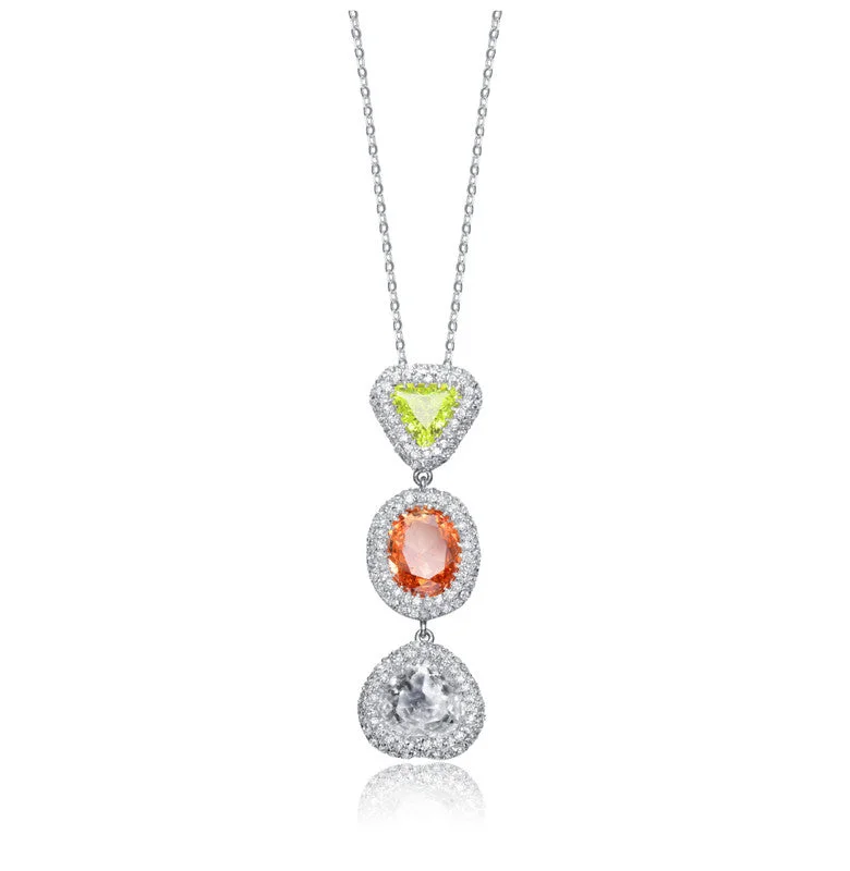 Sterling Silver Cubic Zirconia White Yellow And Burnt Amber Cubic Zirconia Dangling Pendant Necklace