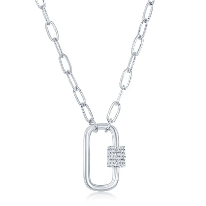 Sterling Silver Micro Pave CZ Oval Carabiner Paperclip Necklace