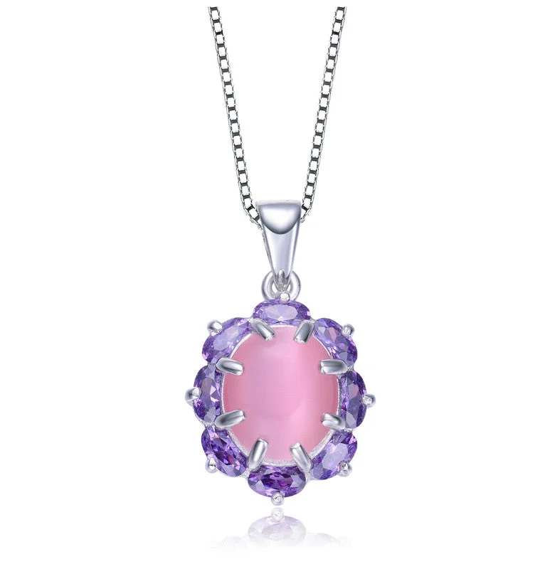 Sterling Silver Purple Cubic Zirconia And Pink Glass Oval Necklace