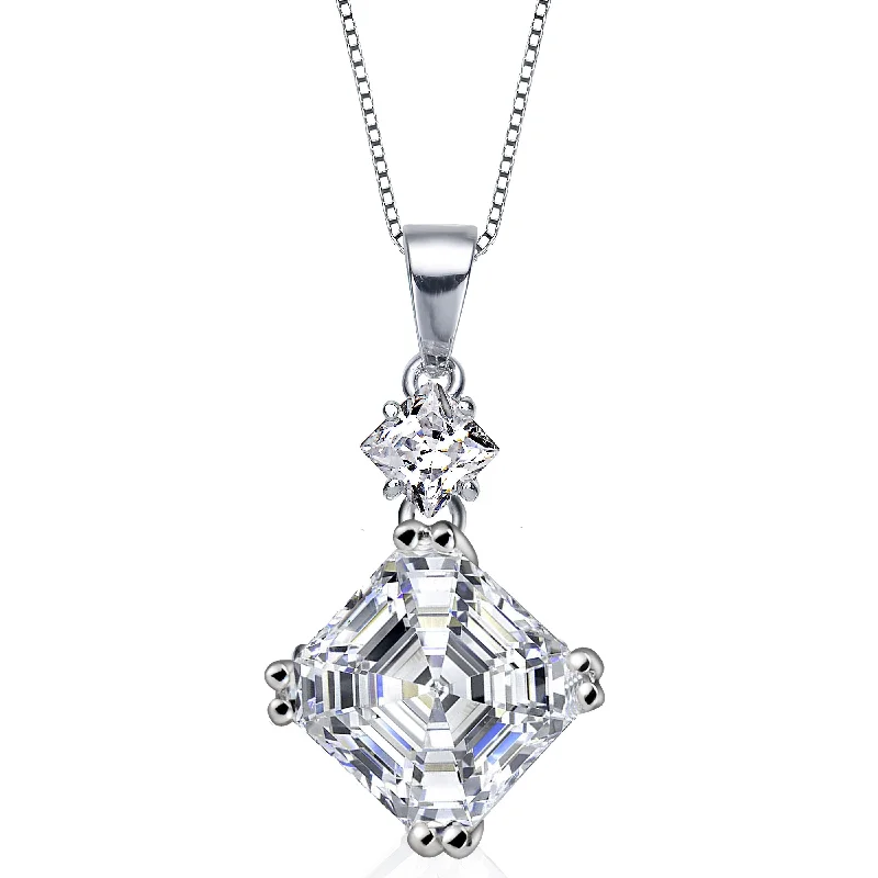 Sterling Silver White Cubic Zirconia Square Asscher-Cut Pendant Necklace