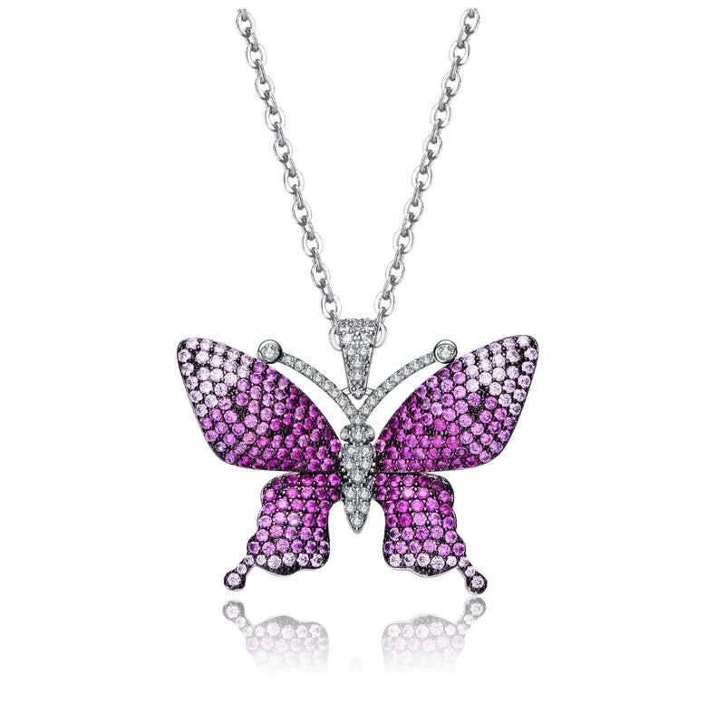 Sterling Silver With Rhodium And Black Plated Long Lasting Butterfly Pendant Necklace