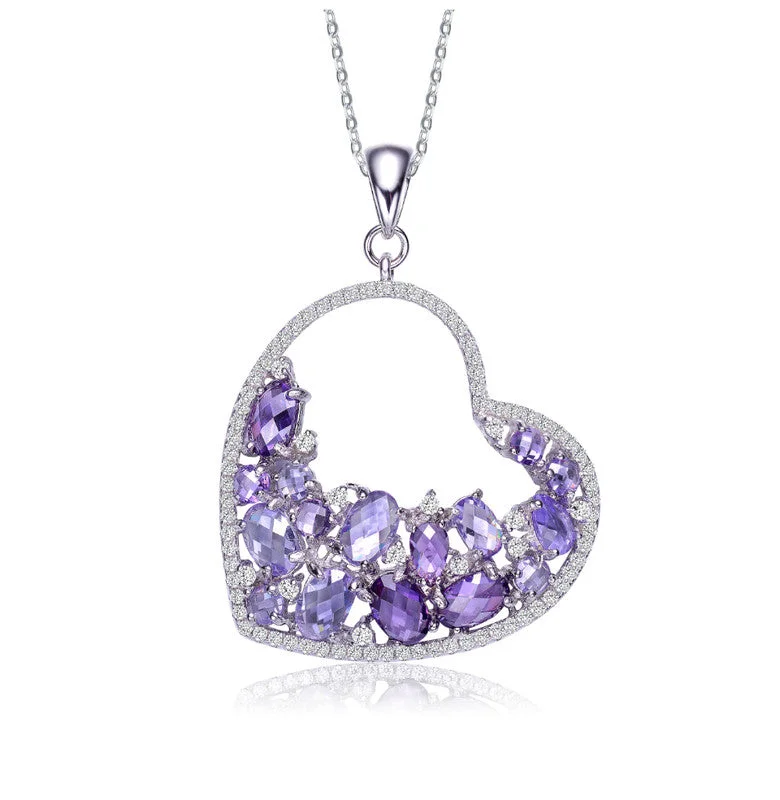 Sterling Silver With Rhodium Plated Purple Oval With Clear Round Cubic Zirconia Open Heart Necklace