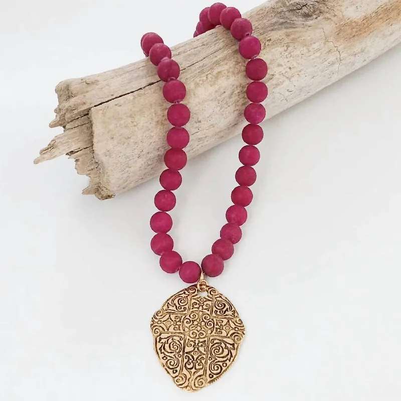 Women's Ancient Cross Gemstone Necklace In Matte Cranberry