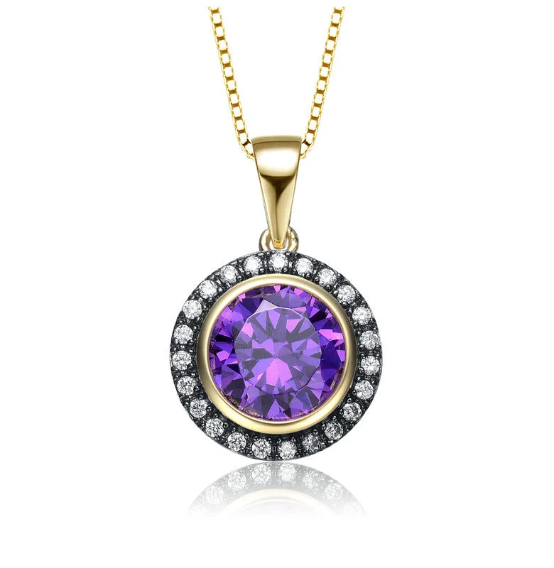 Yellow Gold Plated Round Purple Cubic Zirconia Pendant Necklace