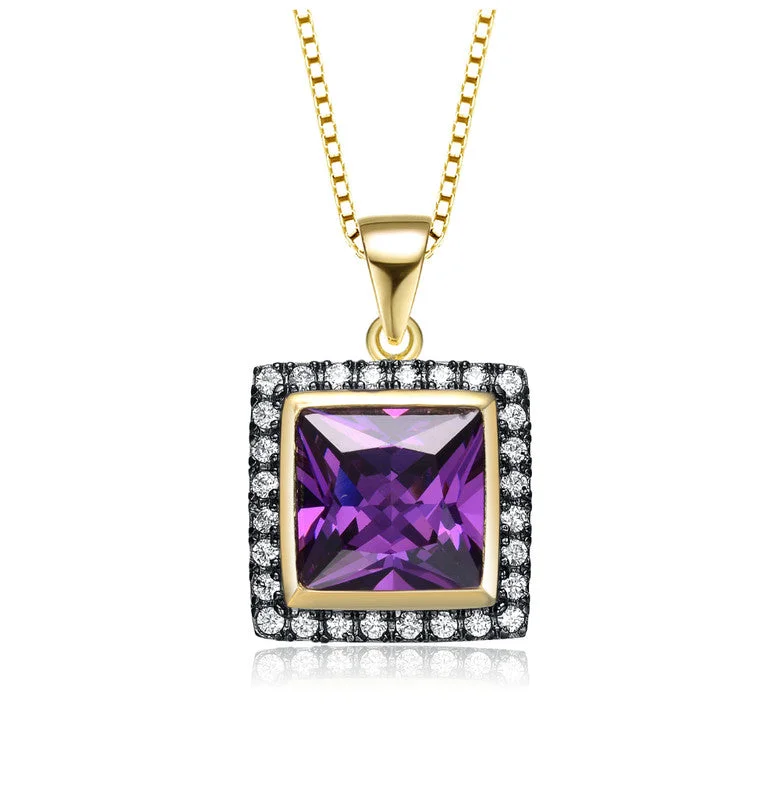 Yellow Gold Plated Square Purple Cubic Zirconia Pendant Necklace