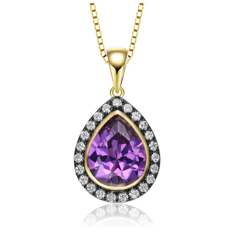 Yellow Gold Plated Teardrop Shaped Purple Cubic Zirconia Pendant Necklace