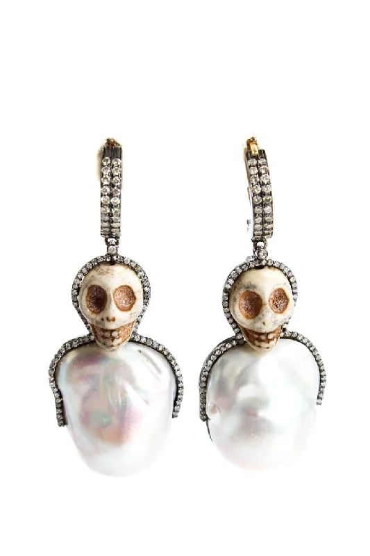 Designer Womens Sterling Silver Baroque Pearl Diamond Accent Jasper Skull Earrings 25g