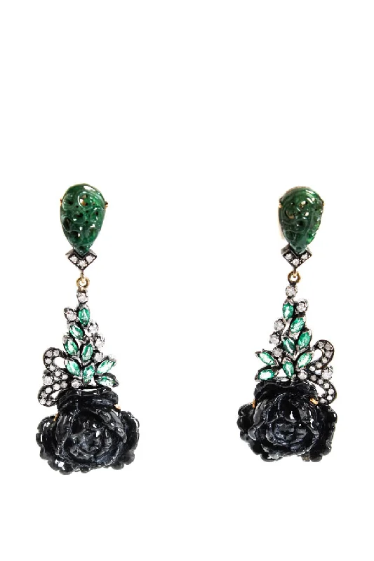 Designer Womens Sterling Silver Jade Emerald Diamond Accent Flower Dangle Earrings 19g