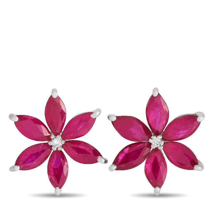 LB Exclusive 14K White Gold 0.01ct Diamond and Ruby Flower Earrings ER4-15657WRU