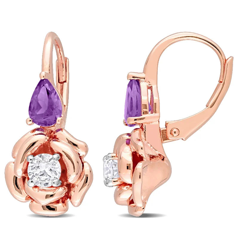 Mimi & Max 1 1/3 CT TGW Pear-Shape African Amethyst and White Topaz Rose Leverback Earrings