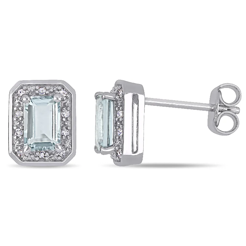 Mimi & Max 1/10ct TW Diamond and Emerald Cut Aquamarine Halo Earrings in Sterling Silver