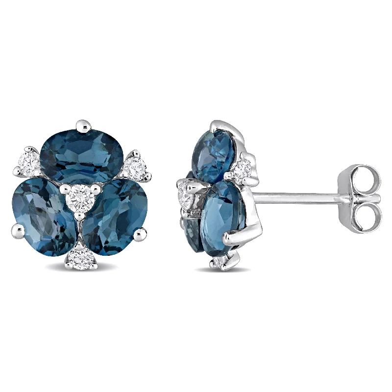 Mimi & Max 3ct TGW London Blue Topaz and 1/4ct TDW Diamond Floral Earrings in 14k White Gold