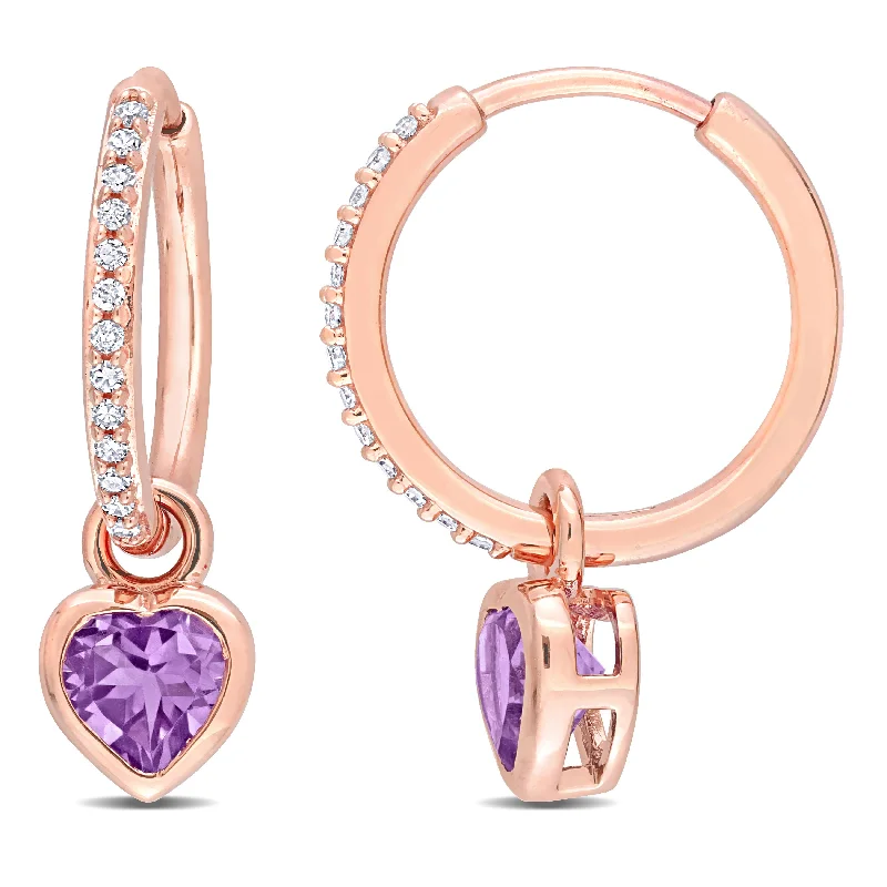 Mimi & Max 4/5 CT TGW Amethyst and 1/8 CT TDW Diamond Heart Huggie Earrings in 10k Rose Gold