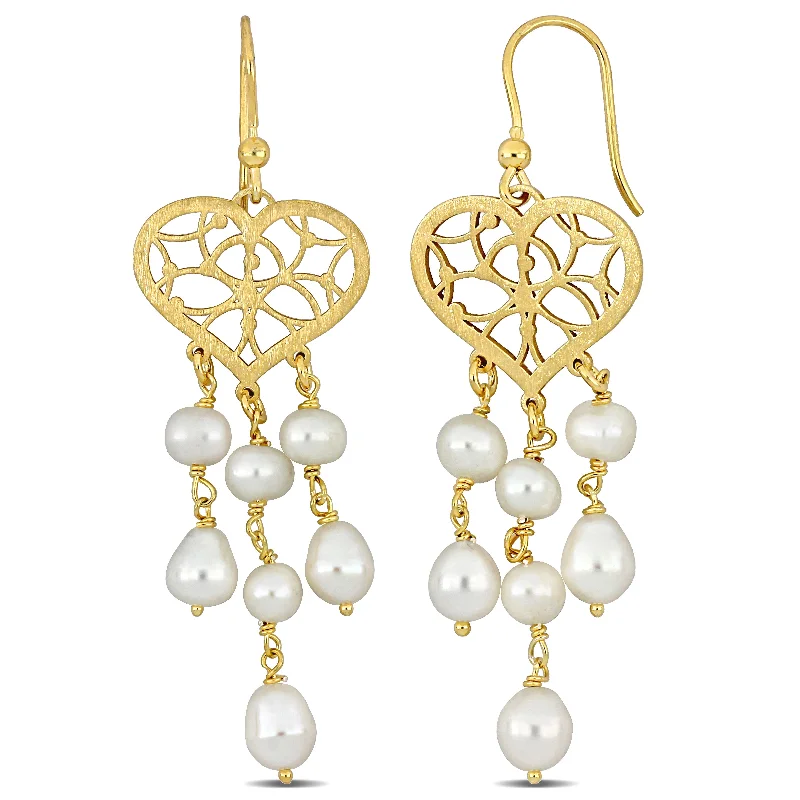 Mimi & Max 6-6.5mm Cultured Freshwater Pearl Chandelier Style Heart Drop Earrings in Yellow Plated Sterling Silver