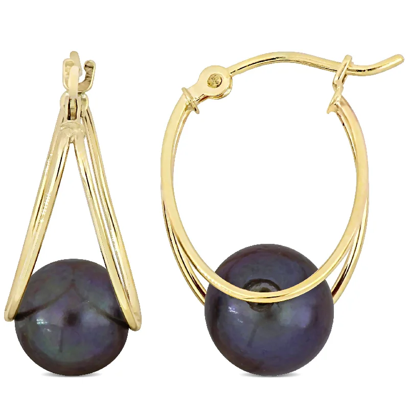 Mimi & Max 8-8.5mm Cultured Freshwater Black Pearl Drop Hoop Earrings in 10k Yellow Gold