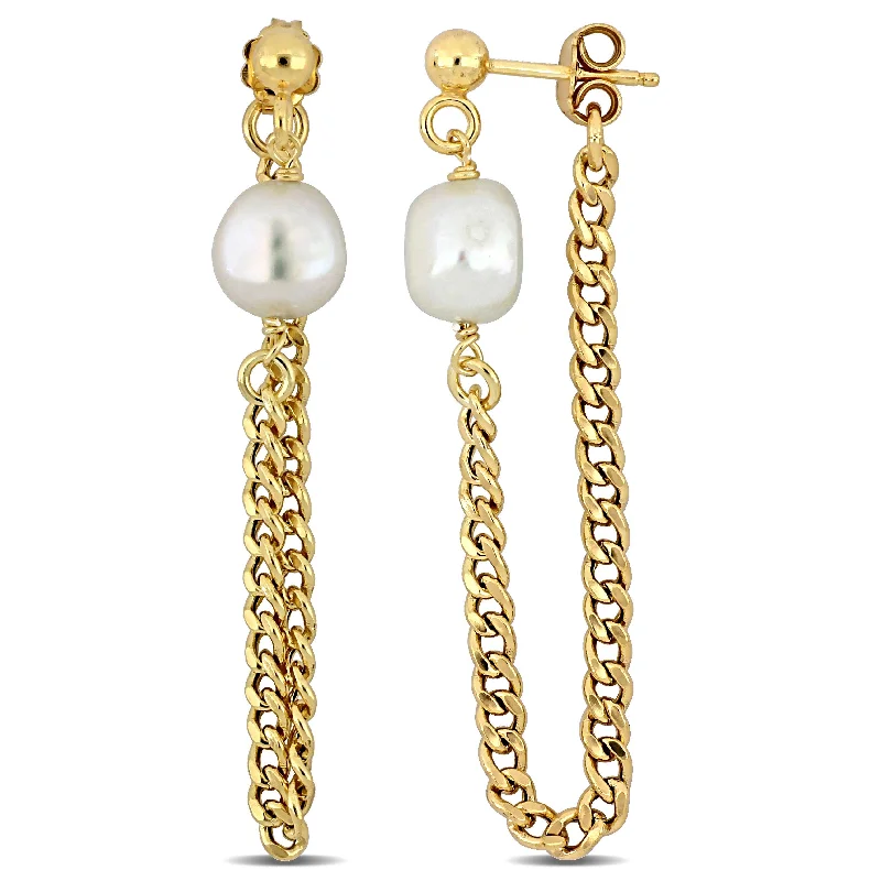 Mimi & Max 8-8.5mm Cultured Freshwater Pearl Earrings with Curb Chain in Yellow Gold Plated Sterling Silver