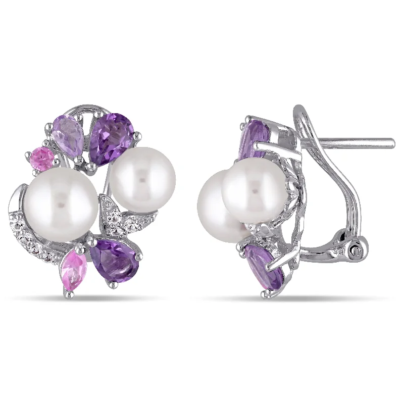 Mimi & Max Amethyst, Rose de France, Created Pink and Created White Sapphire and White Cultured Freshwater Pearl Cluster Earrings