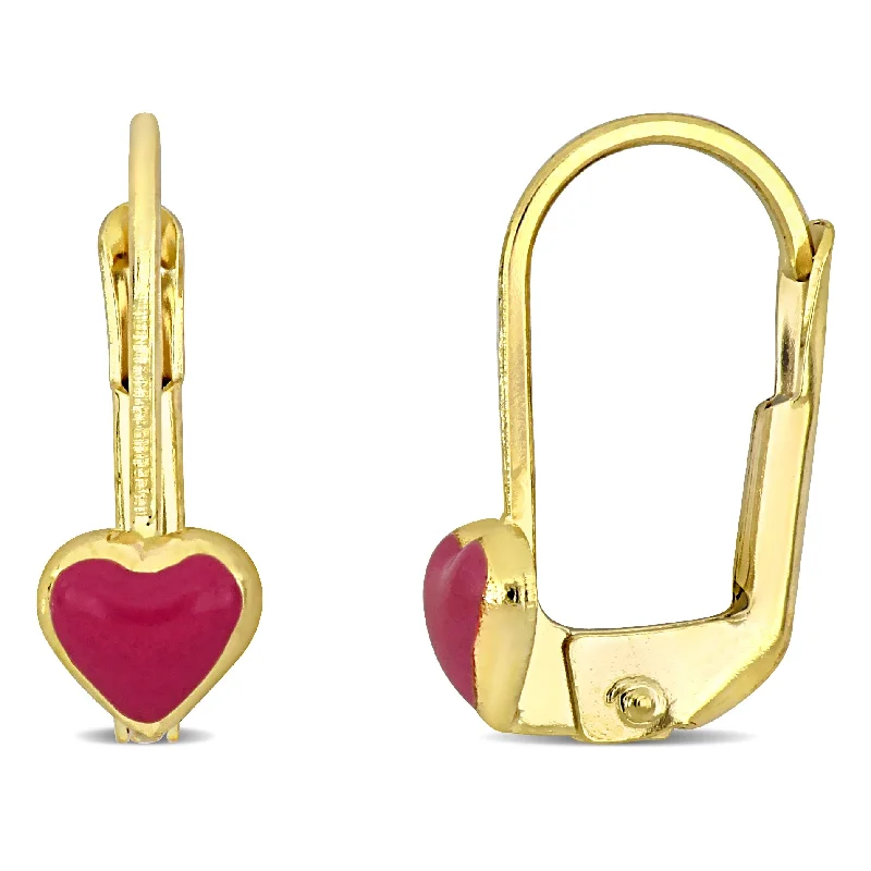 Mimi & Max Pink Enamel Heart Leverback Earrings in 14k Yellow Gold