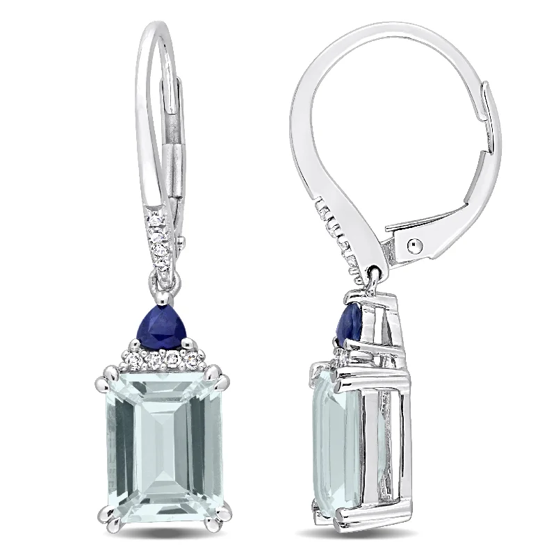 Mimi & Max Womens 4 1/10ct TGW Octagon-Cut Aquamarine and Trilliant-Cut Blue Sapphire 1/10ct TDW Diamond LeverBack Earrings in 14k White Gold