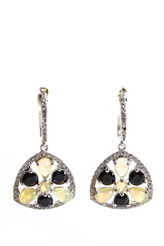 Rarities Sterling Silver Opal Black & White Spinel Cluster Dangle Earrings 1.25"