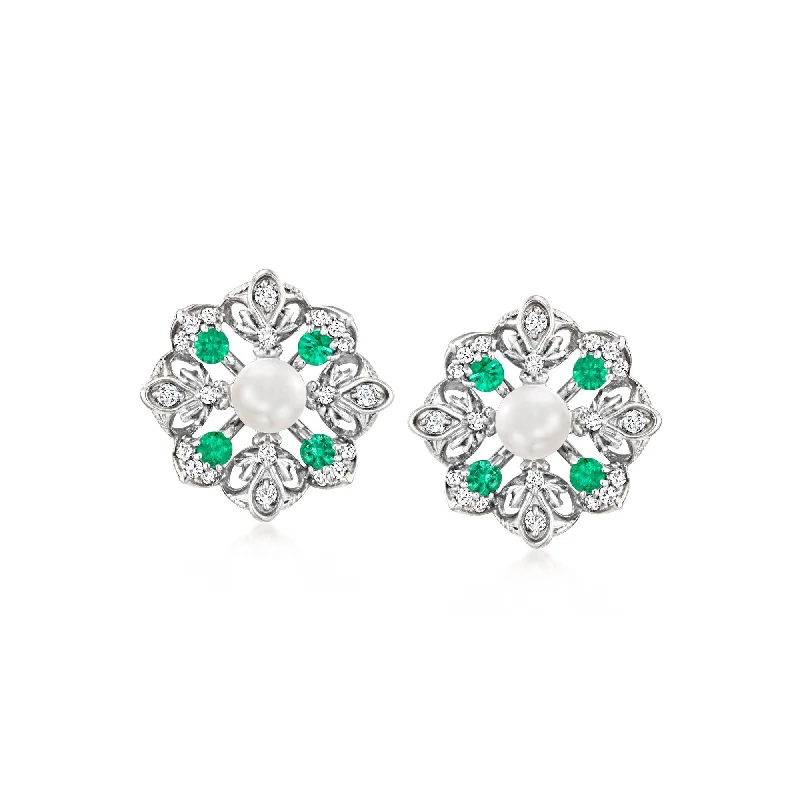 Ross-Simons 4-4.5mm Cultured Pearl and . Emerald Earrings With . Diamonds in Sterling Silver